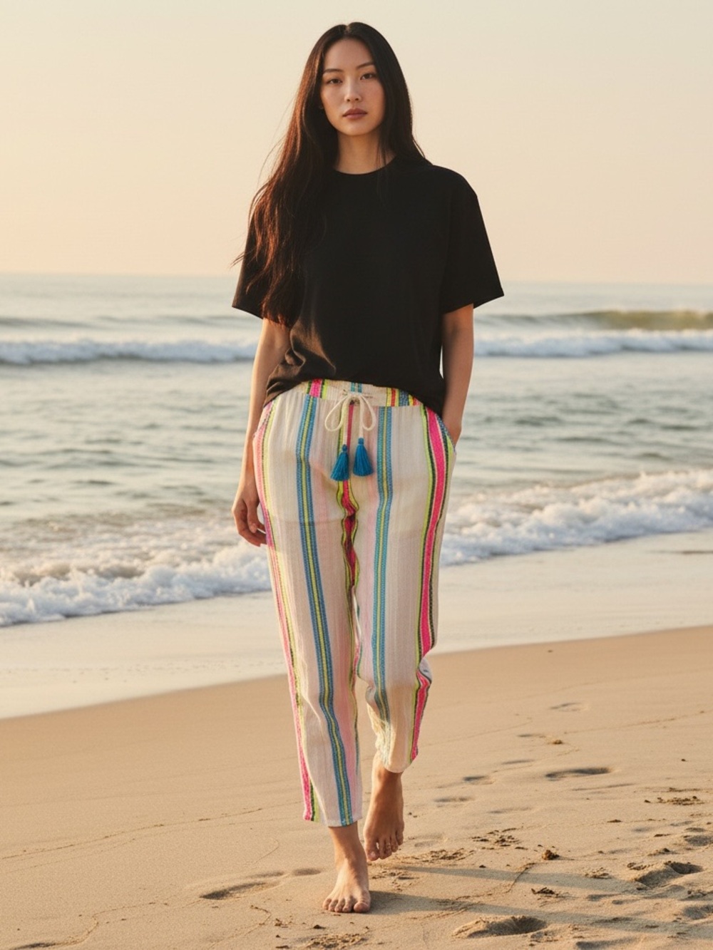 Z&L Europe Gauze Stripe Drawstring Pants Neon Cream L